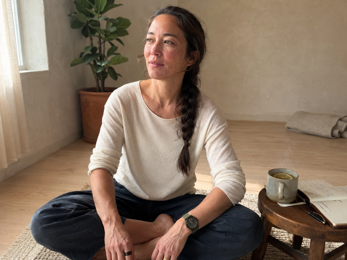 A woman in breathwork practice — hand on chest, eyes closed, in a parked car.